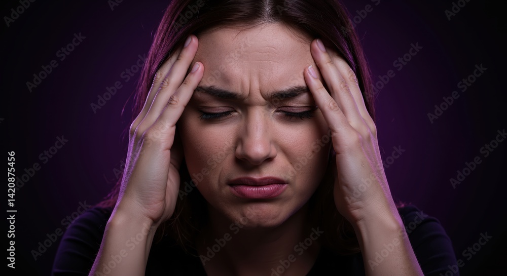 Woman expressing frustration while holding her head against a dark background Woman expressing frustration while holding her head against a dark background