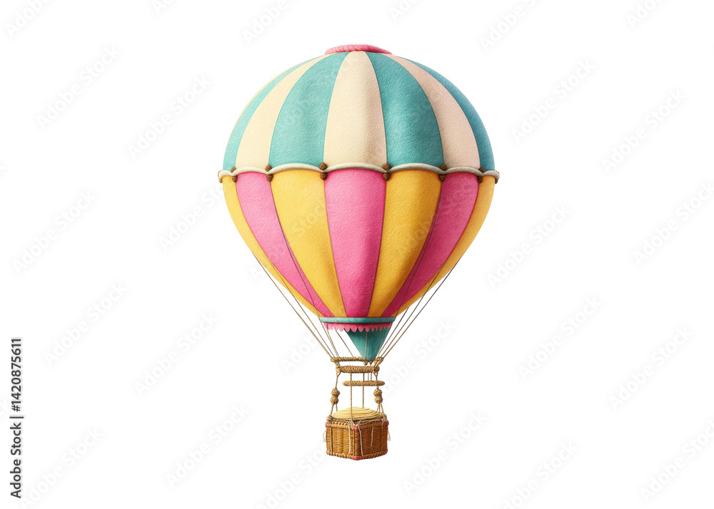 Fototapeta premium Colorful hot air balloon with stripes on a transparent background. Concept of travel, adventure, and imagination.