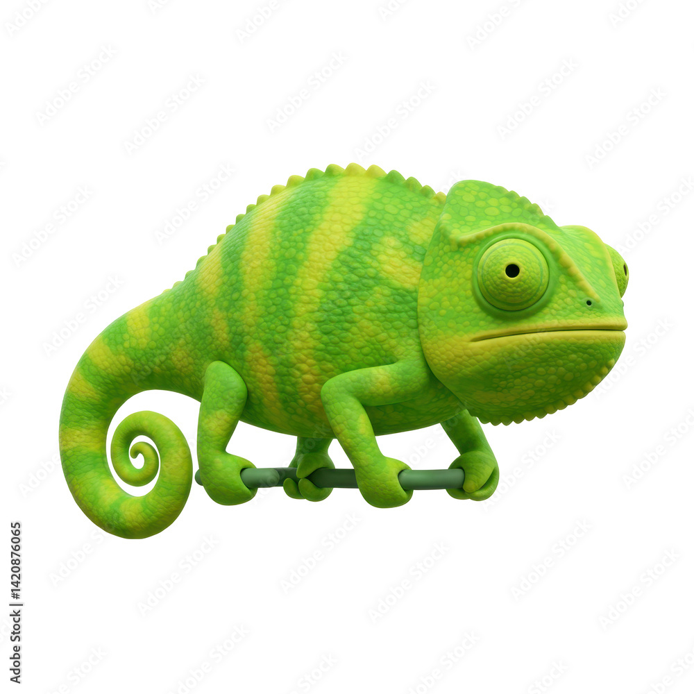 Obraz premium Colorful Green Chameleon with Stripes on a Leaf Against a Transparent Background