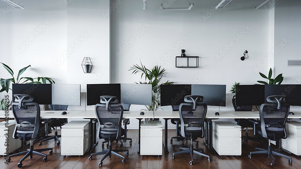 Modern Minimalist Office Workspace Design with Plants desk team calm grey wood open room Modern Minimalist Office Workspace Design with Plants desk team calm grey wood open room