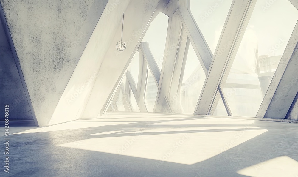 Fototapeta premium Sunlit, spacious concrete room with angular design and large windows offering a city view