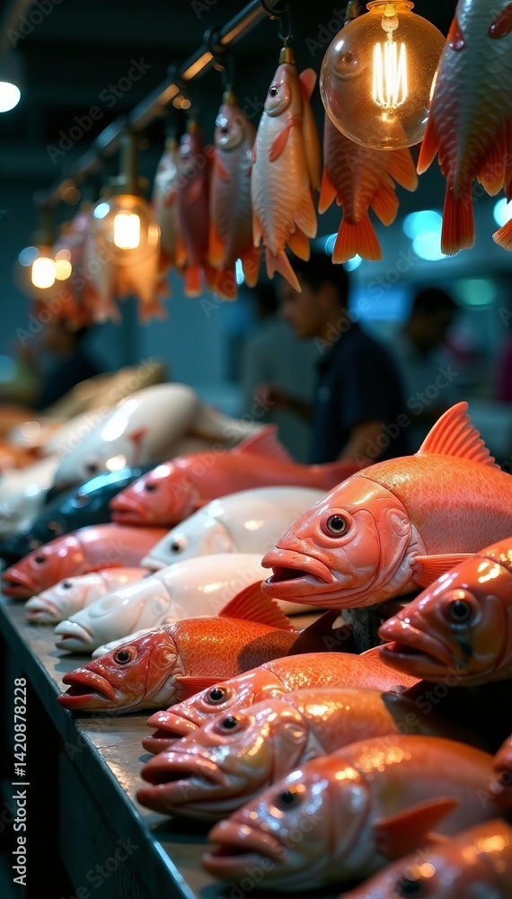 Fototapeta premium Exotic marine creatures on display at Malaysian fish market, aquatic, exotic, marine