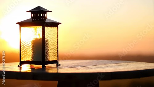 Serene Sunset Scene Lit Candle in Lantern on Wooden Table