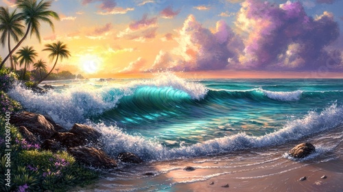 Tropical paradise sunset over a crashing ocean wave.
