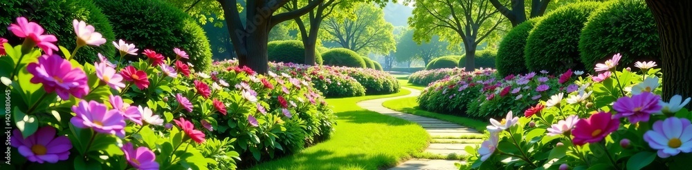 Fototapeta premium Lush garden with blooming flowers and winding pathways, lush, nature, fairytale