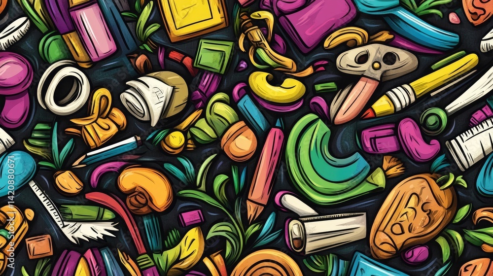 School background concept with seamless doodle pattern of school supplies School background concept with seamless doodle pattern of school supplies