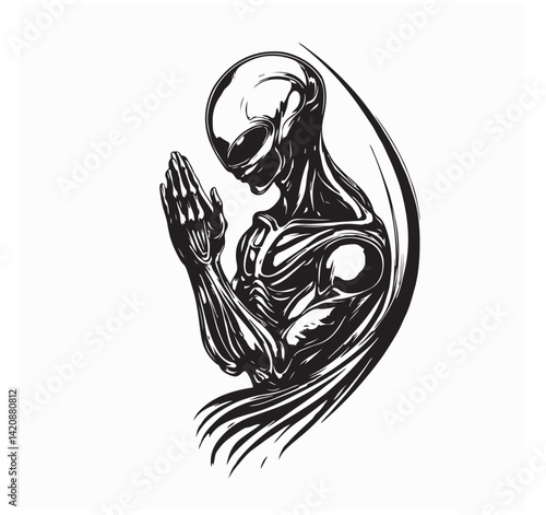 Alien Kneeling Down in Prayer, Seeking Forgiveness in a Celestial and Mysterious Scene