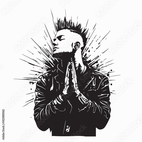 Young Punk Rock Man Kneeling in Prayer and Repentance in a Powerful Vector