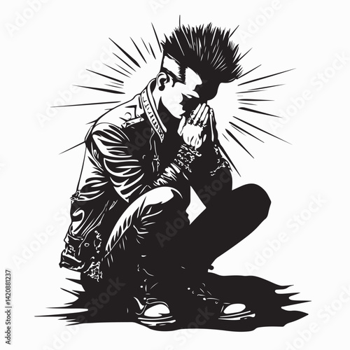 Young Punk Rock Man Kneeling in Prayer and Repentance in a Powerful Vector