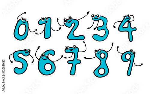 Playful Cartoon Number Characters from Zero to Nine with Googly Eyes, Arms, and Legs in a Row on a White Background, Designed for Children's Education and Learning