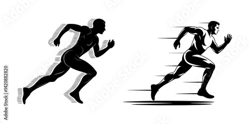 Set of Runners, Mixed runners in silhouette profiles, Silhouette of athlete running, Multiple images of a male runner, Man running, Running people