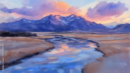 Mountain Majesty River reflects dawns pastel hues beneath snowcapped peaks