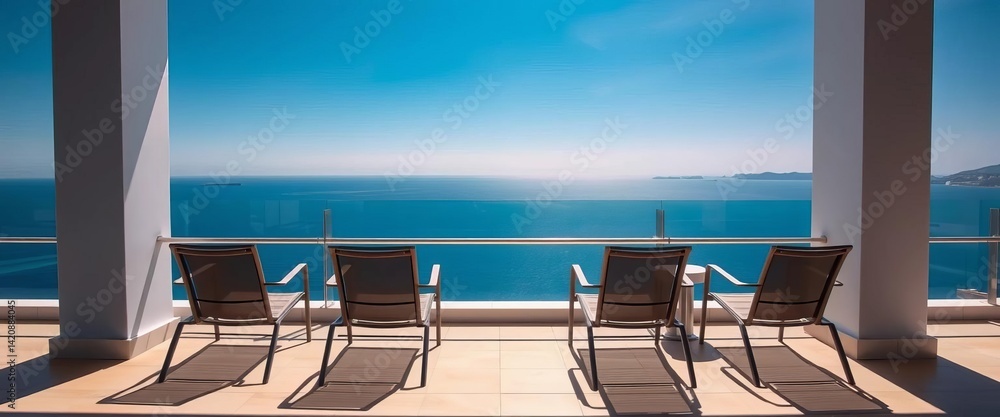 Fototapeta premium Oceanfront balcony,empty chairs, stunning sea view, nature, chairs