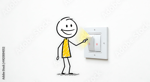 Happy Stick Figure Turning On Light Switch Simple Illustration