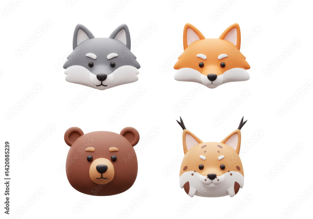 Obraz premium Stylized Animal Heads Featuring Cute Cartoon Wolf Fox Bear and Lynx With Colorful Design