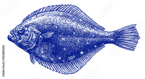Flounder Fish Fish (Hirame) suitable for menu or any purposes, in Sketch Vector Style illustration Easy to recolor and resize