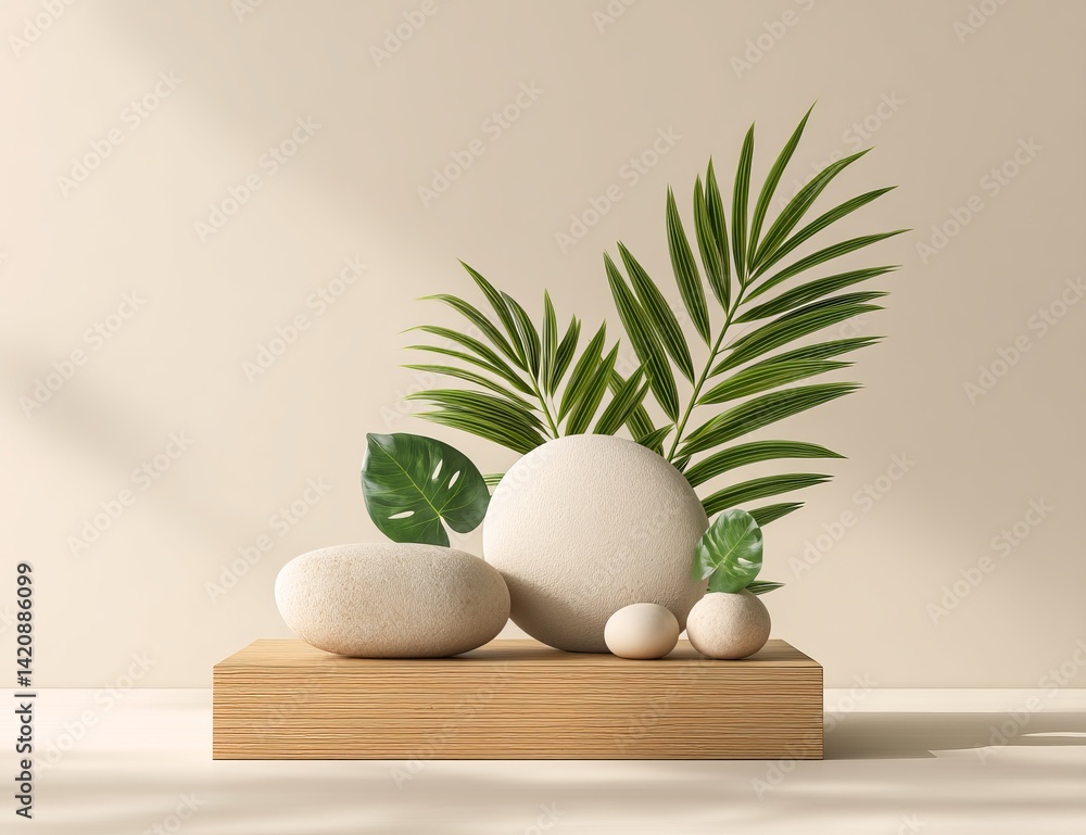 Serene Stones and Tropical Leaves on Wooden Display, Peaceful Minimalist Still Life, Nature Inspired Design Serene Stones and Tropical Leaves on Wooden Display, Peaceful Minimalist Still Life, Nature Inspired Design