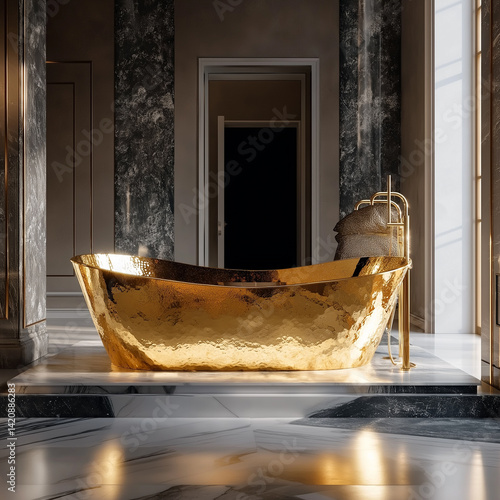 high-fashion golden tub on a runway platform surrounded by luxury decor.
