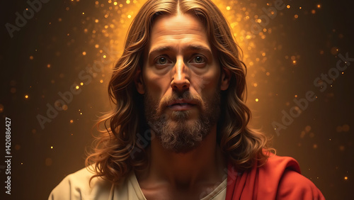 Portrait of Jesus Christ with Dramatic Lighting, Detailed Expression, and Heavenly Glow in Renaissance Oil Painting Style , Easter