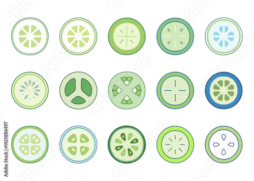 cucumber slice vector,Cucumbers set. Whole cucumber, half, chopped, slices and cucumbers group. Fresh green cucumbers.