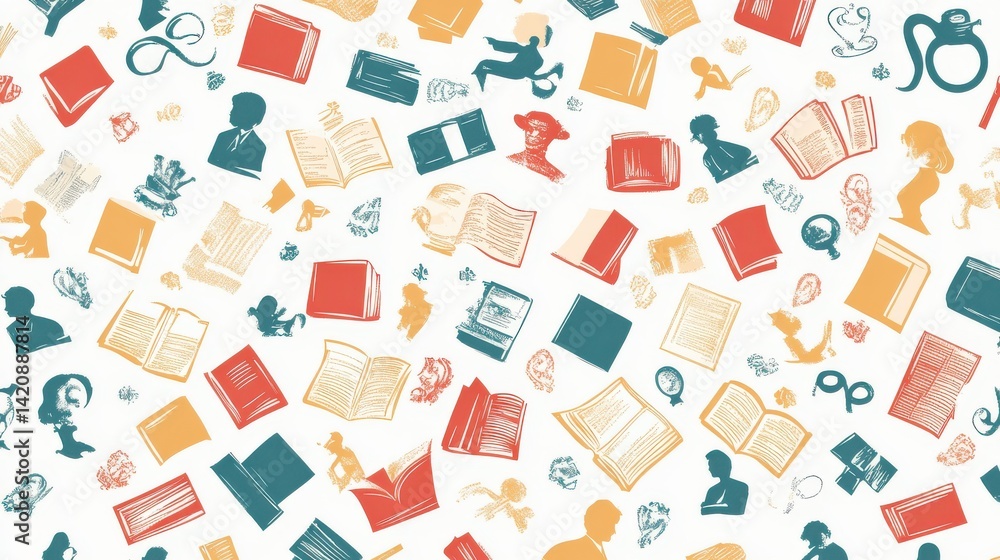 Obraz premium Colorful Pattern of Books and Silhouettes for Creative Design Projects