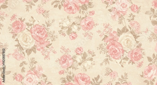 Floral pattern with pink and white roses on a beige background.