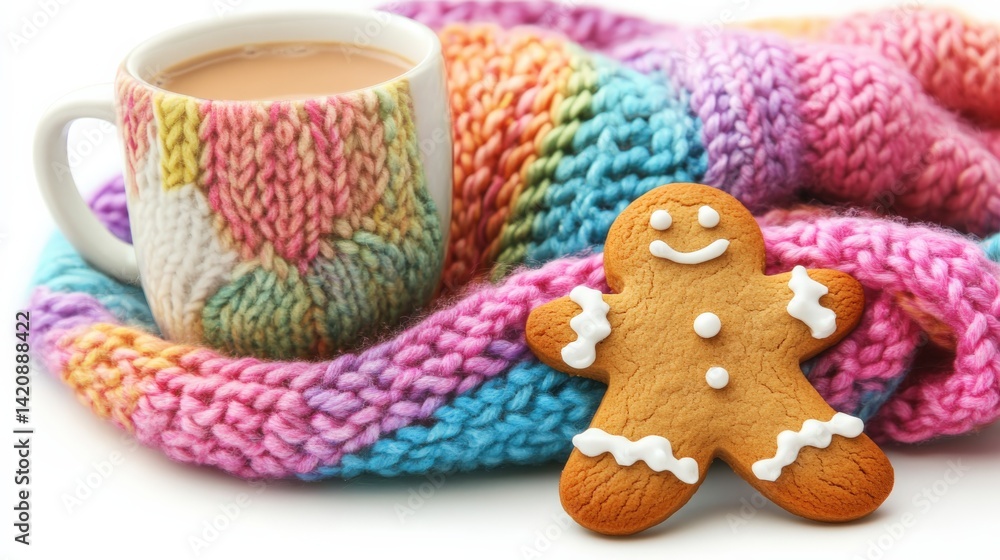 Warm Coffee with Gingerbread Cookie on Cozy Colorful Blanket Warm Coffee with Gingerbread Cookie on Cozy Colorful Blanket