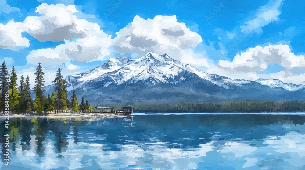 Mountains mirror Snowy peaks meet lakes embrace under summer clouds Mountains mirror Snowy peaks meet lakes embrace under summer clouds