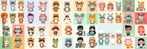 collection of cute cartoon character in animal costume