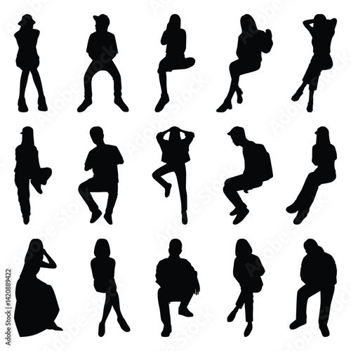 Vector collection set of sitting people silhouettes.	