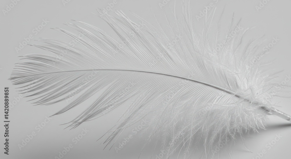 A single white feather lies on a light gray surface close up. A single white feather lies on a light gray surface close up.