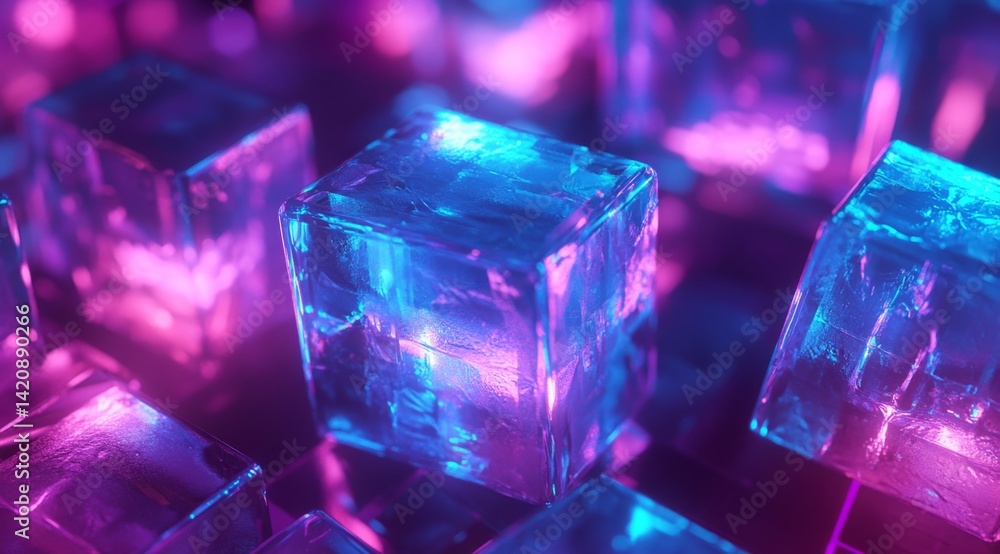 Abstract glowing cubes in vibrant neon colors. Translucent geometric forms create a mesmerizing effect Abstract glowing cubes in vibrant neon colors. Translucent geometric forms create a mesmerizing effect