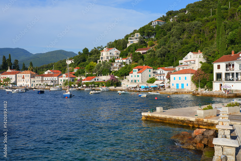 Obraz premium Village of Rose at the tip of the Luštica Peninsula on the eastern shore of the mouth of the bay of Kotor along the coast of the Adriatic Sea in Montenegro