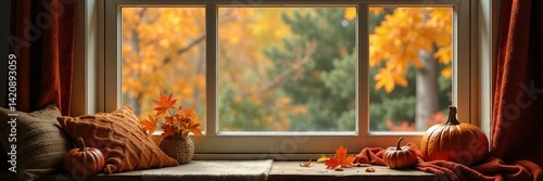 Cozy autumn window with seasonal decorations and warm colors enhancing relaxation.