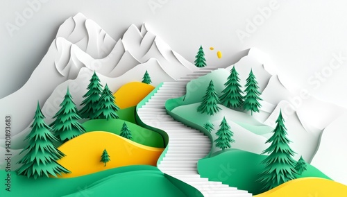 A whimsical, paper-cut mountain landscape with winding stairs
