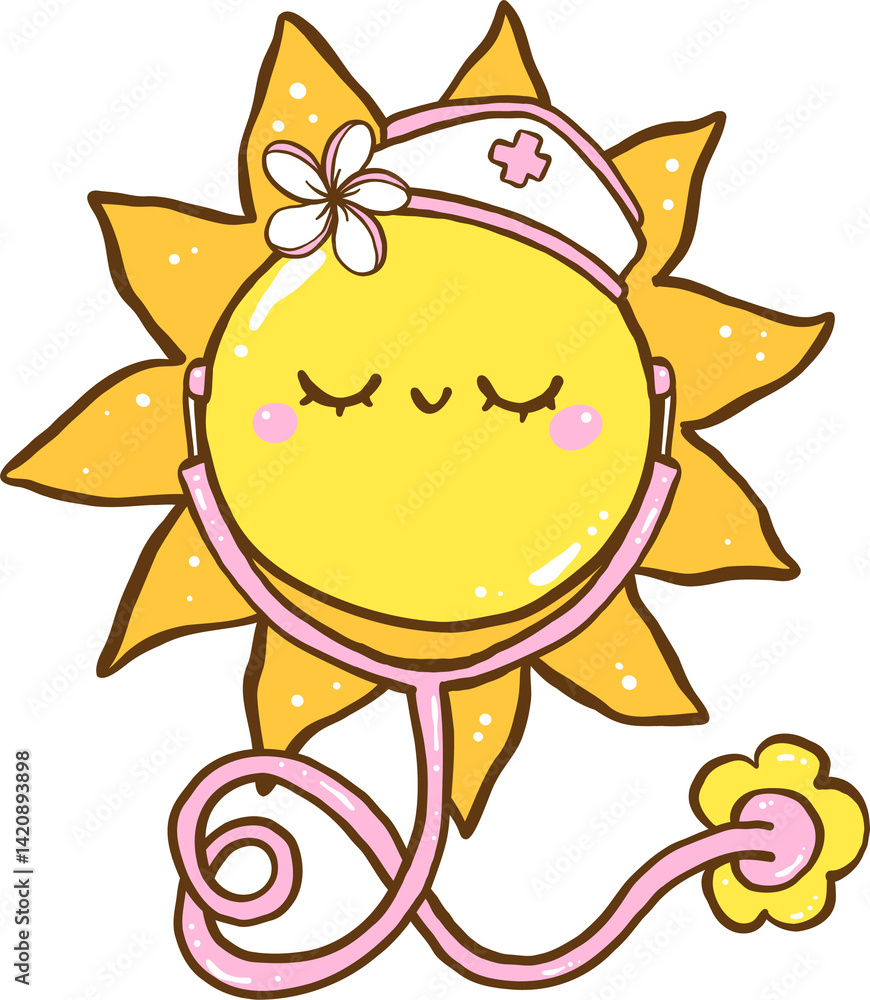 Summer Nurse Thing Smile Sun with Sunglasses and Nurse Cap Hand Drawn Summer Nurse Thing Smile Sun with Sunglasses and Nurse Cap Hand Drawn