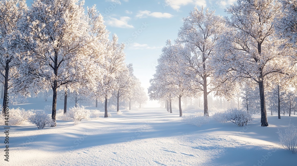 Beautiful winter landscape on a cold day. A trodden path leads across the snow-covered lawn to the high mountain peaks, with trees surrounded by snowdrifts. Beautiful winter landscape on a cold day. A trodden path leads across the snow-covered lawn to the high mountain peaks, with trees surrounded by snowdrifts.