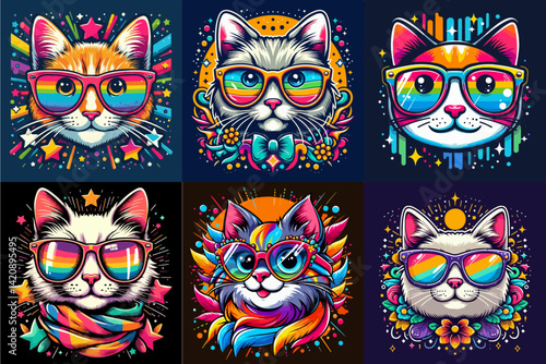 cute cat illustration wearing colorful glasses. T-shirt style design