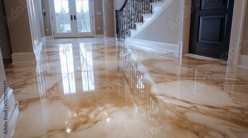 polished marble floor created with epoxy resin in a bright room, reflecting colors and light, embodying luxury and elegance in home design
