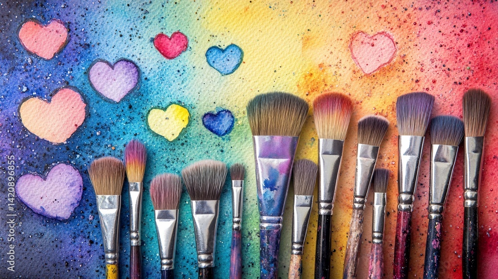 Fototapeta premium Watercolor art brushes with rainbow heart background for valentine's day