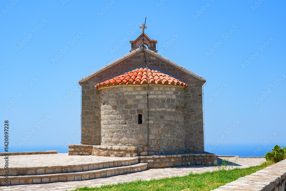 St Sava church, a Serbian orthodox place of worship overlooking Sveti Stefan along the coast of the Adriatic Sea in Montenegro