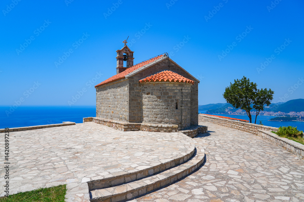 St Sava church, a Serbian orthodox place of worship overlooking Sveti Stefan along the coast of the Adriatic Sea in Montenegro