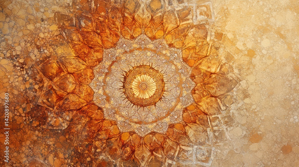 Detailed ornate ceiling with symmetrical designs and textured warm tones Detailed ornate ceiling with symmetrical designs and textured warm tones