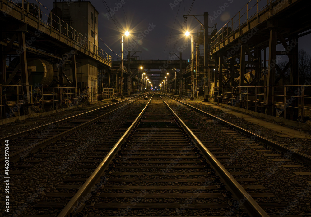 Fototapeta premium Train tracks cutting through a vibrant forest under a clear blue sky.