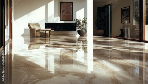 polished marble floor created with epoxy resin in a bright room, reflecting colors and light, embodying luxury and elegance in home design