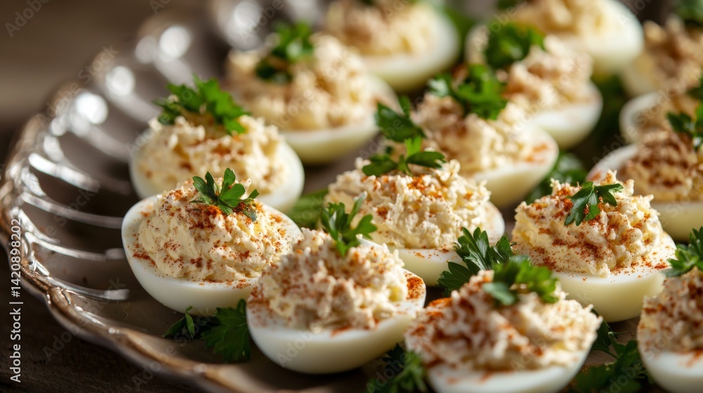 deviled eggs, delicately spiced with parsley and paprika, artfully arranged on a serving dish, perfect for elegant occasions deviled eggs, delicately spiced with parsley and paprika, artfully arranged on a serving dish, perfect for elegant occasions