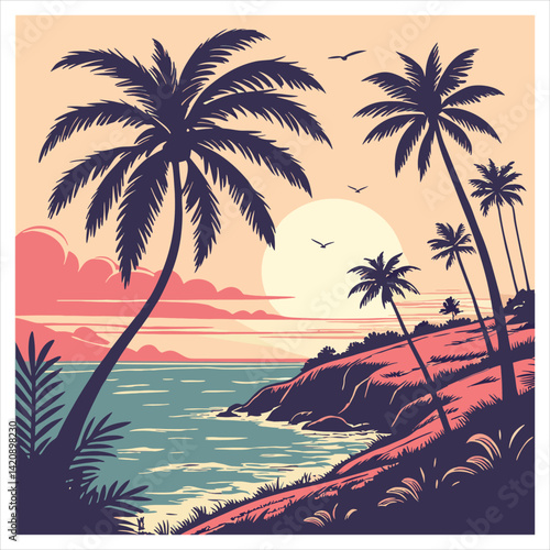 Tropical beach sunset landscape with palm trees – vibrant vintage summer vacation travel poster vector illustration