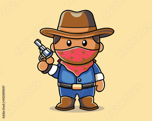 Cute Cartoon Cowboy Holding a Revolver.
