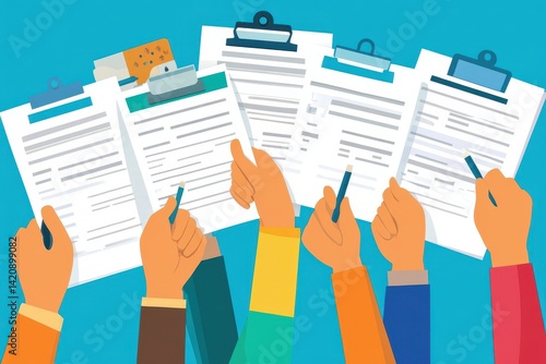 Multiple hands reviewing various forms