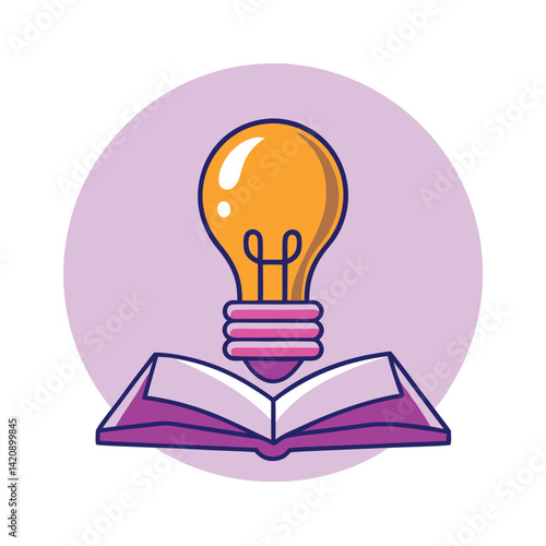 Cartoon Open Book with Glowing Light Bulb.